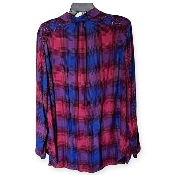 Lucky Brand Purple/Pink Plaid Embellished Long Sleeve Popover Top Size XL - Picture 4 of 13